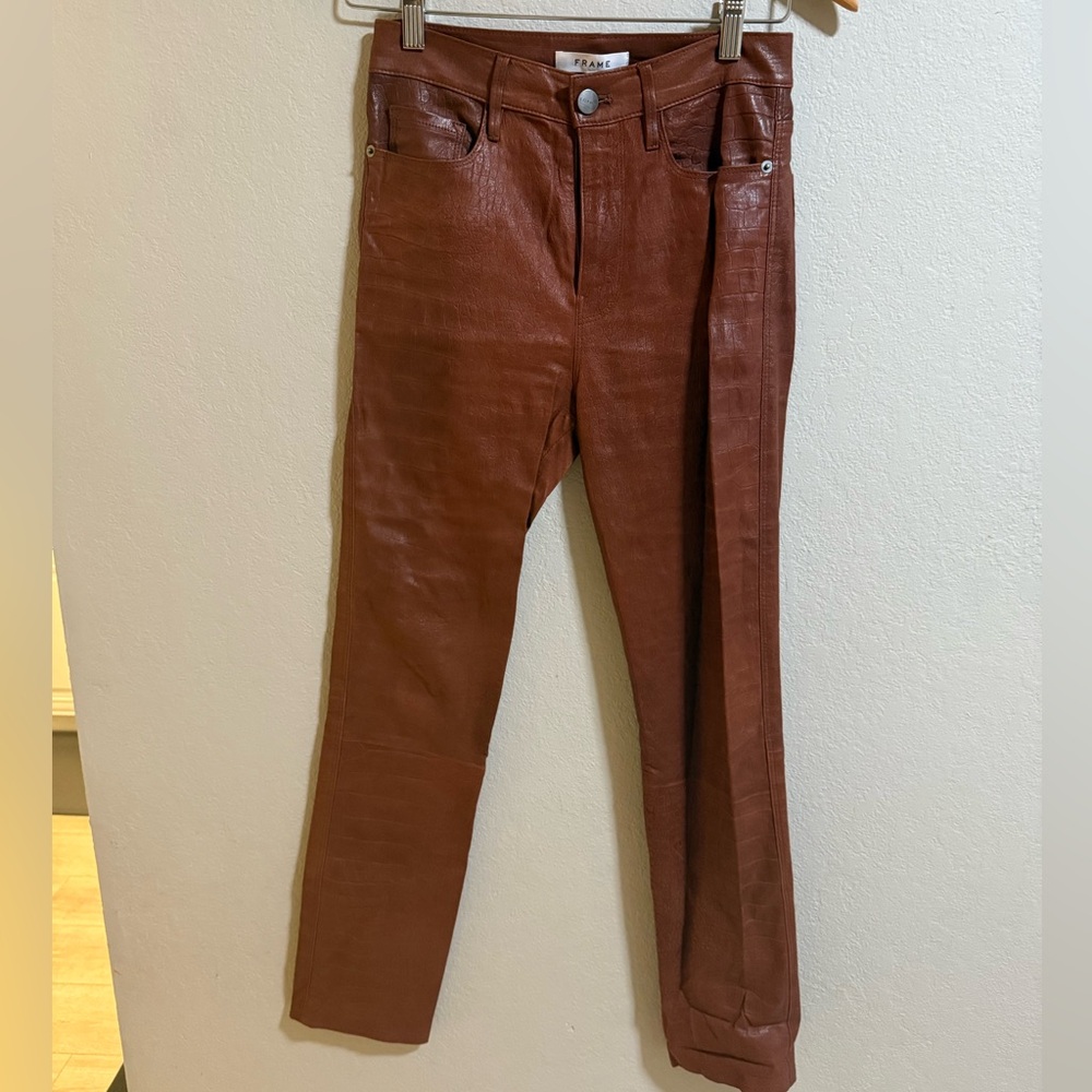 Frame Le Sylvie Brown Croc-Embossed Leather Pants Size 26